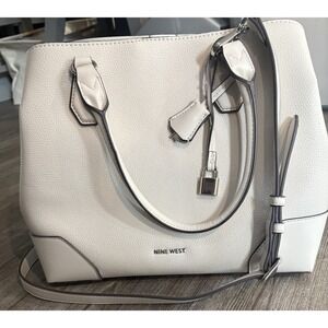 Nine West Tote Bag Off White Faux‎ Leather Lock Charm Shoulder Bag